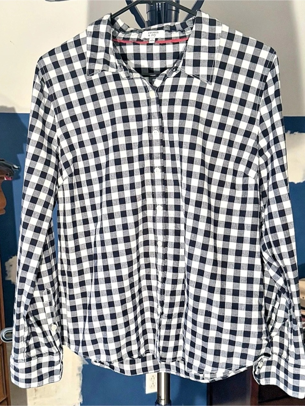 Crown & Ivy Womens L Gingham Button Down Shirt Navy White 100% Cotton Preppy